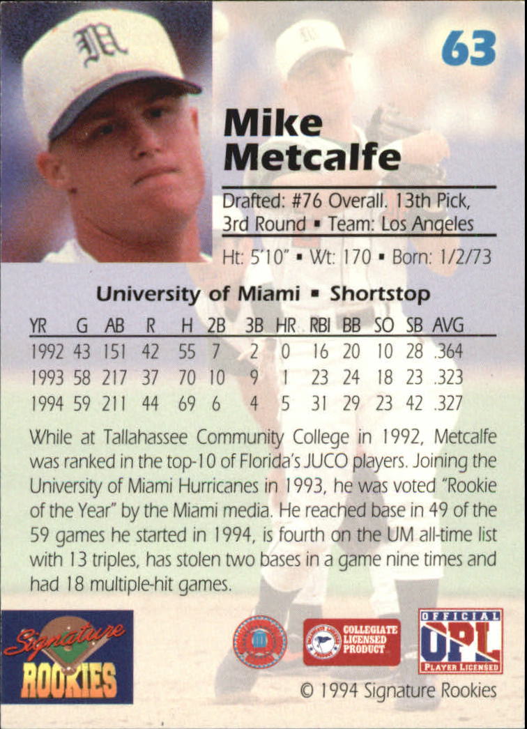 1994 Signature Rookies Draft Picks Signatures #63 Mike Metcalfe back image