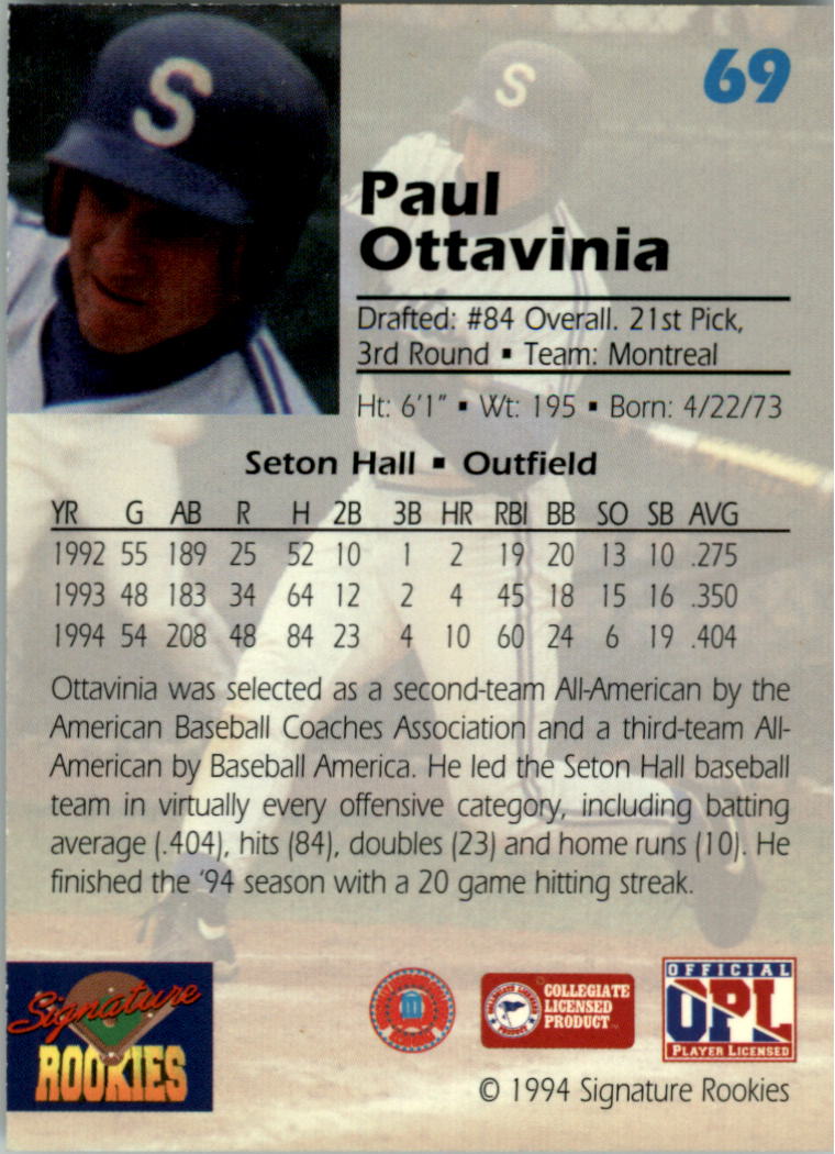 1994 Signature Rookies Draft Picks Signatures #69 Paul Ottavinia back image