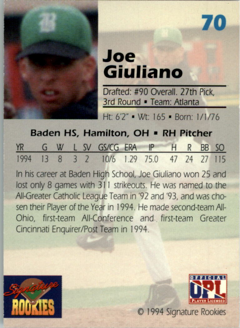 1994 Signature Rookies Draft Picks Signatures #70 Joe Giuliano back image