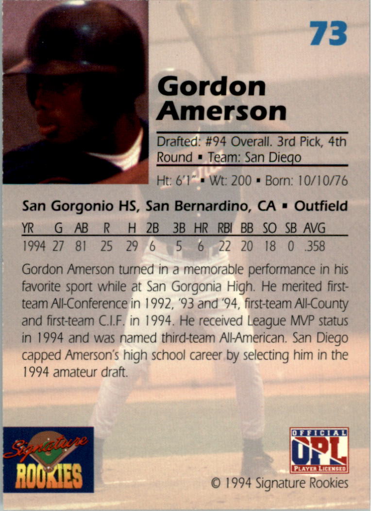 1994 Signature Rookies Draft Picks Signatures #73 Gordon Amerson back image