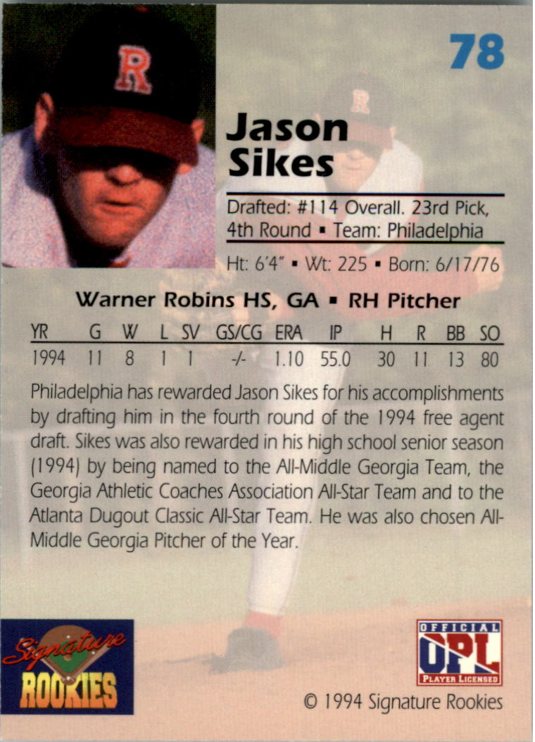 1994 Signature Rookies Draft Picks Signatures #78 Jason Sikes back image