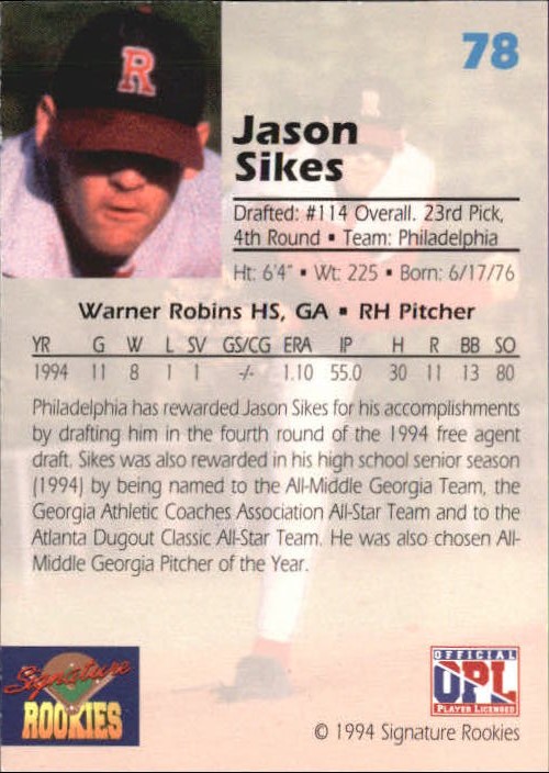 1994 Signature Rookies Draft Picks Signatures #78 Jason Sikes back image
