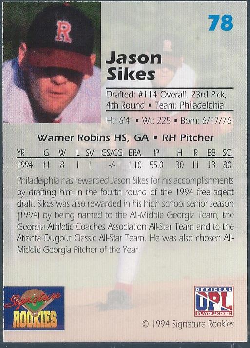 1994 Signature Rookies Draft Picks Signatures #78 Jason Sikes back image