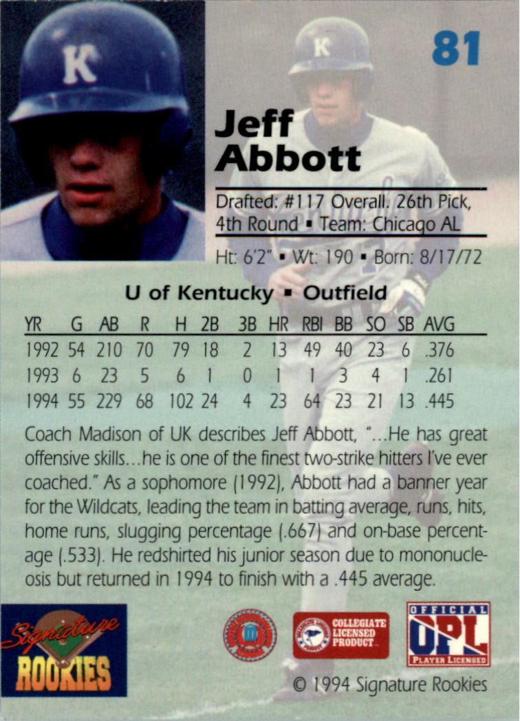 1994 Signature Rookies Draft Picks Signatures #81 Jeff Abbott back image