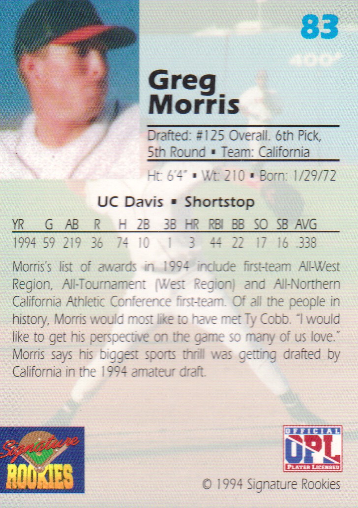 1994 Signature Rookies Draft Picks Signatures #83 Greg Morris back image