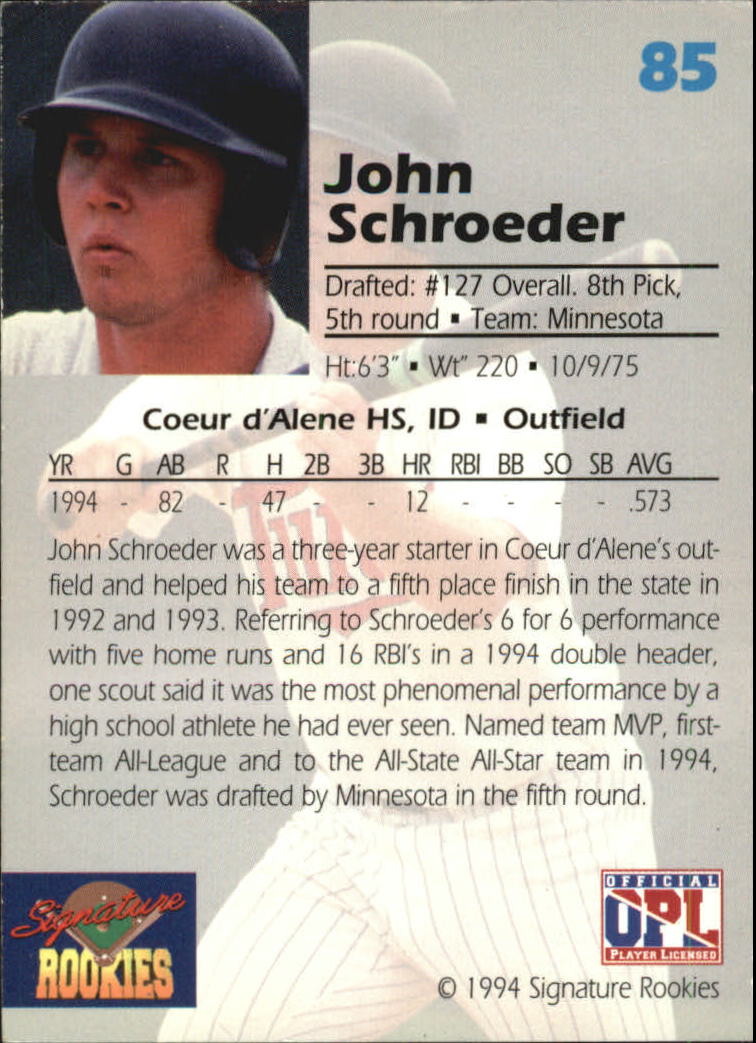 1994 Signature Rookies Draft Picks Signatures #85 John Schroeder back image