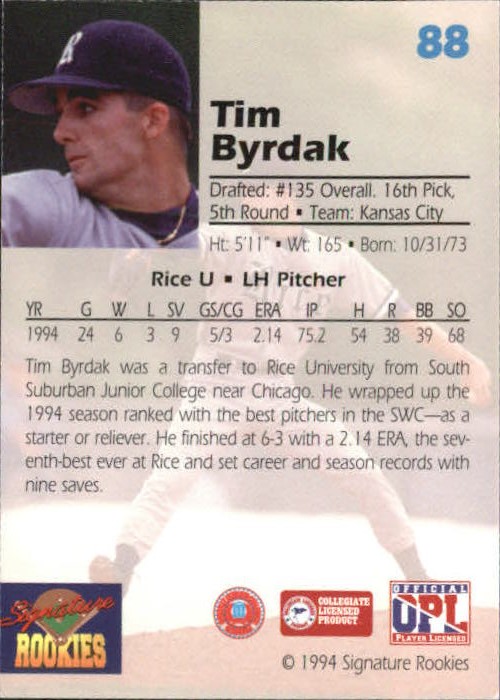 1994 Signature Rookies Draft Picks Signatures #88 Tim Byrdak back image