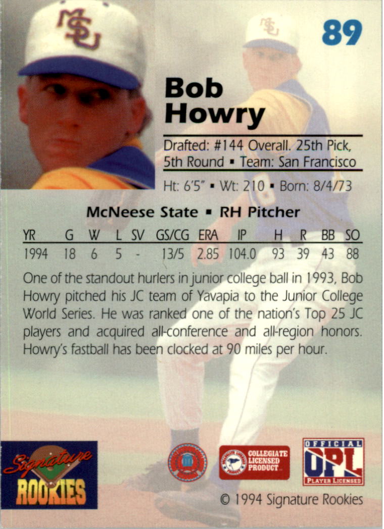 1994 Signature Rookies Draft Picks Signatures #89 Bob Howry back image
