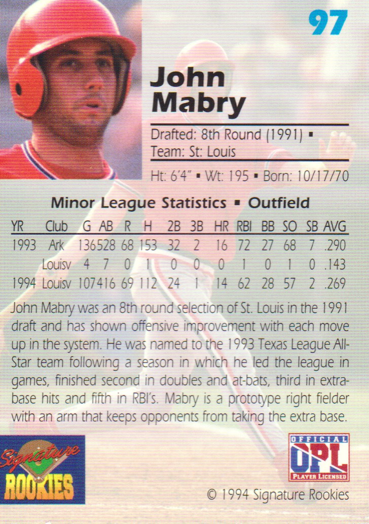 1994 Signature Rookies Draft Picks Signatures #97 John Mabry back image