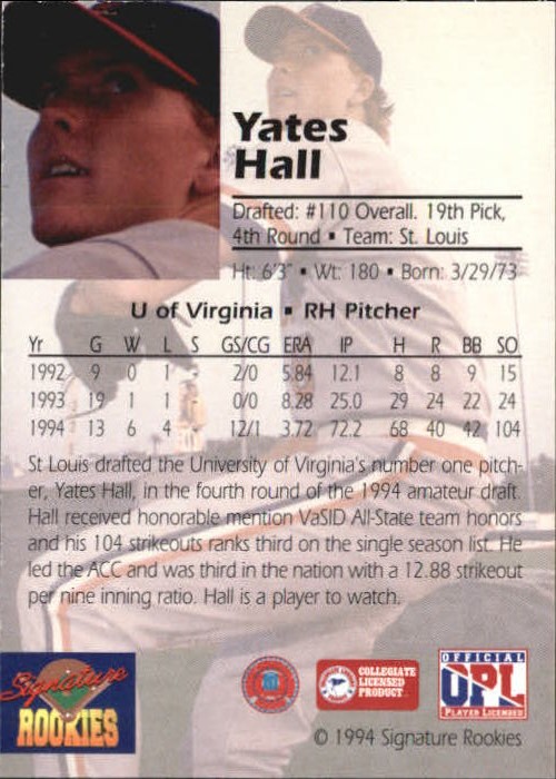 1994 Signature Rookies Draft Picks Bonus Signatures #10 Yates Hall/3350 back image