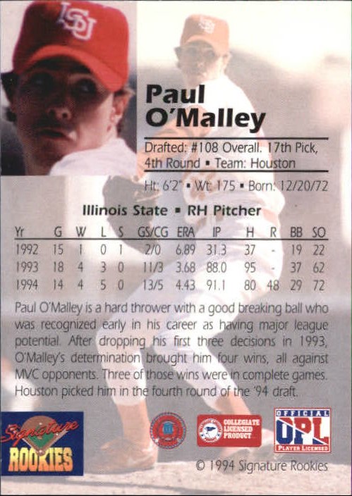 1994 Signature Rookies Draft Picks Bonus Signatures #6 Paul O'Malley/3350 back image