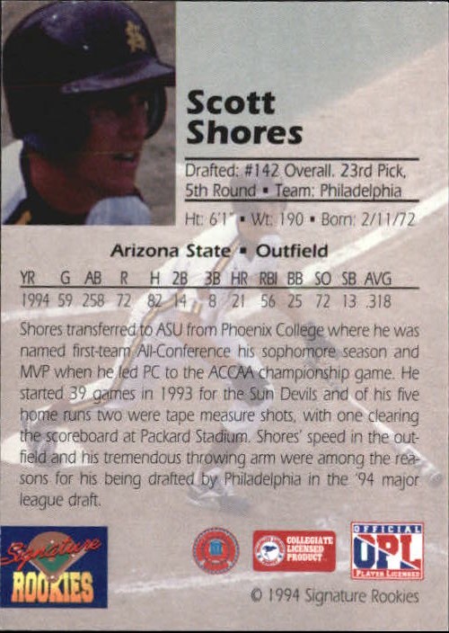 1994 Signature Rookies Draft Picks Bonus Signatures #9 Scott Shores/3350 back image