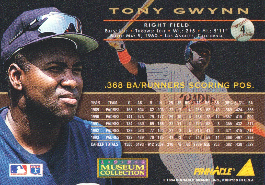 1994 Pinnacle Museum Collection #4 Tony Gwynn back image