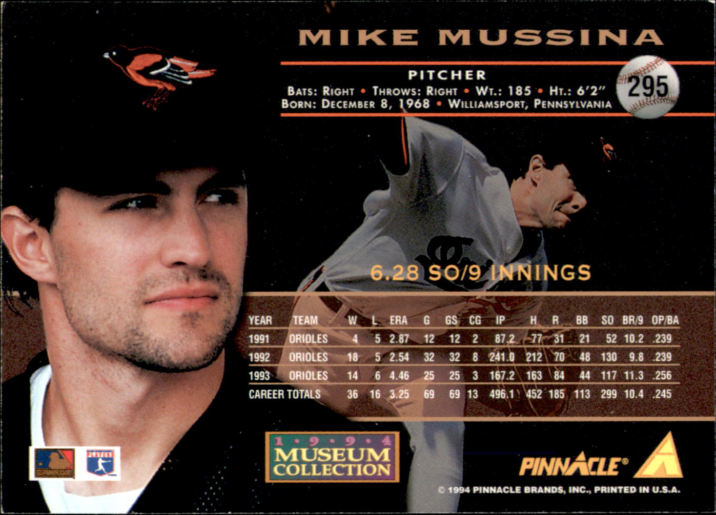 1994 Pinnacle Museum Collection #295 Mike Mussina back image