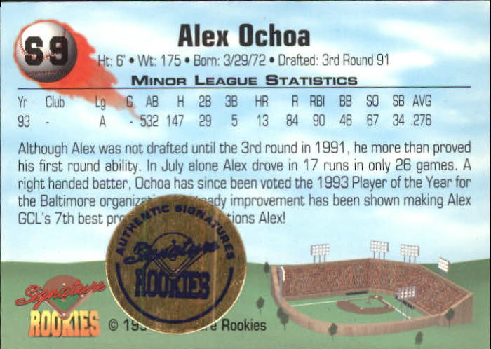 1994 Signature Rookies Hottest Prospects Signatures #S9 Alex Ochoa back image