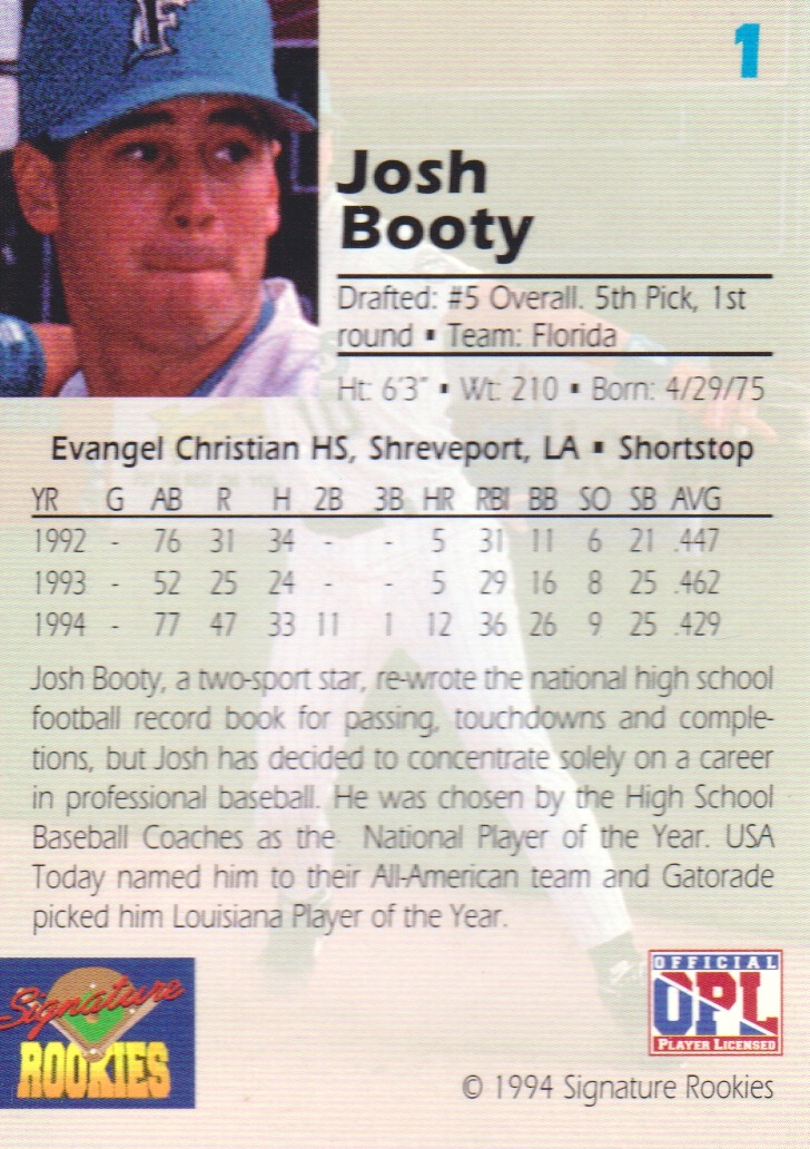 1994 Signature Rookies Draft Picks #1 Josh Booty back image