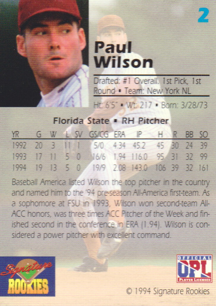 1994 Signature Rookies Draft Picks #2 Paul Wilson back image