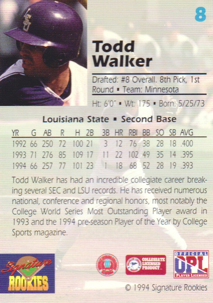 1994 Signature Rookies Draft Picks #8 Todd Walker back image