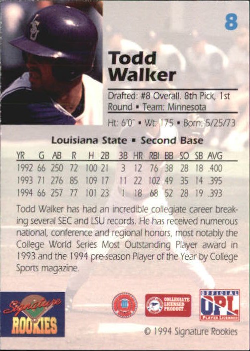1994 Signature Rookies Draft Picks #8 Todd Walker back image