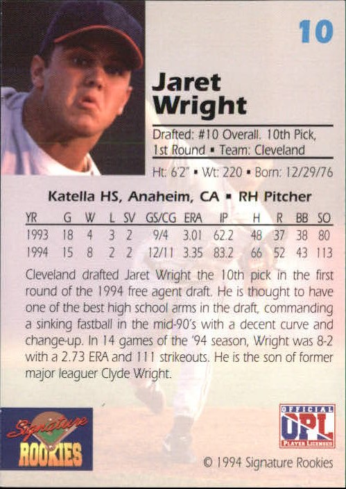 1994 Signature Rookies Draft Picks #10 Jaret Wright back image