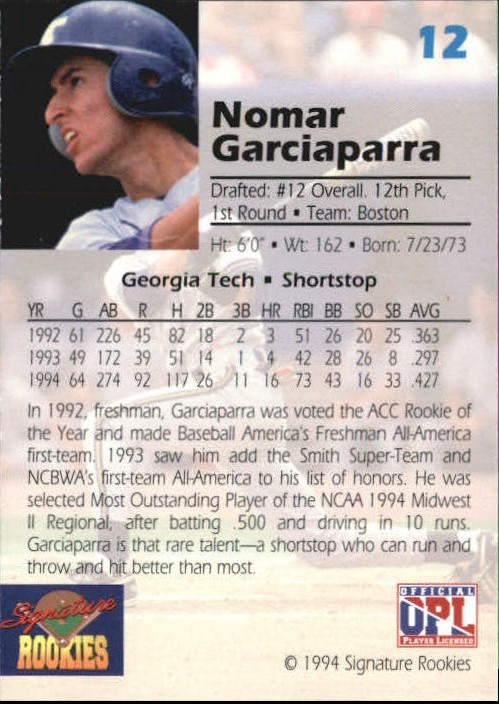 1994 Signature Rookies Draft Picks #12 Nomar Garciaparra back image
