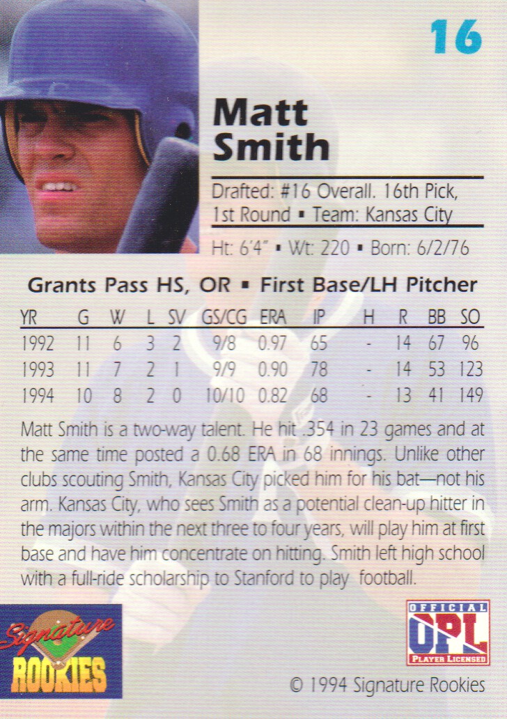 1994 Signature Rookies Draft Picks #16 Matt Smith back image