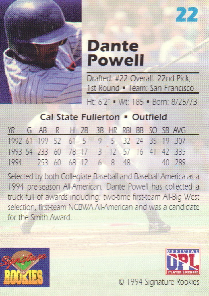 1994 Signature Rookies Draft Picks #22 Dante Powell back image