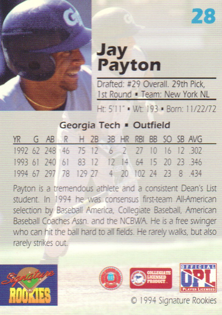 1994 Signature Rookies Draft Picks #28 Jay Payton back image