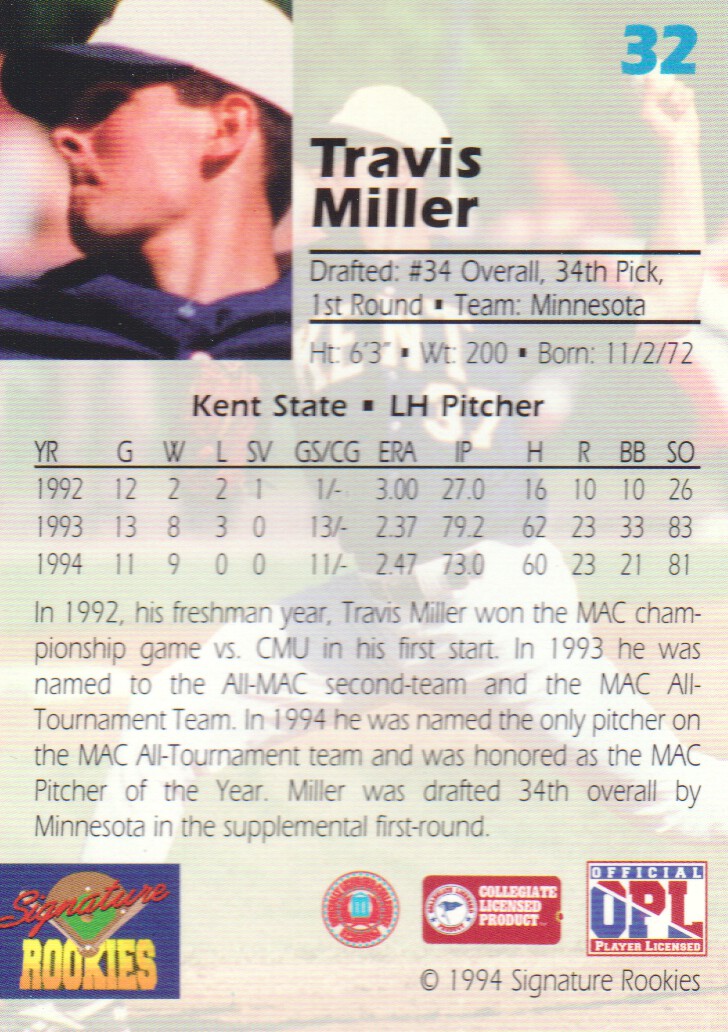 1994 Signature Rookies Draft Picks #32 Travis Miller back image