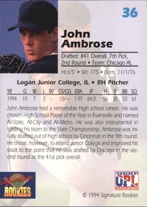 1994 Signature Rookies Draft Picks #36 John Ambrose back image