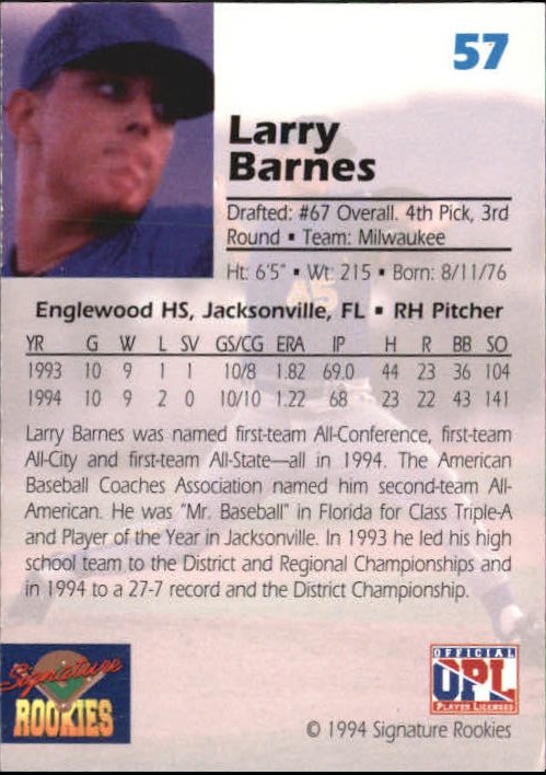 1994 Signature Rookies Draft Picks #57 Larry Barnes back image