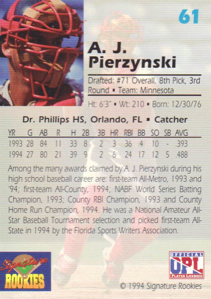 1994 Signature Rookies Draft Picks #61 A.J. Pierzynski back image