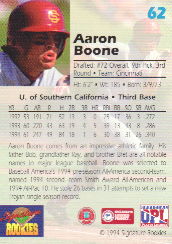 1994 Signature Rookies Draft Picks #62 Aaron Boone back image
