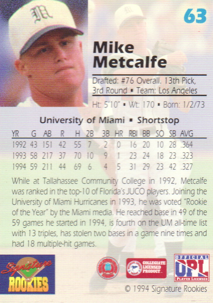 1994 Signature Rookies Draft Picks #63 Mike Metcalfe back image