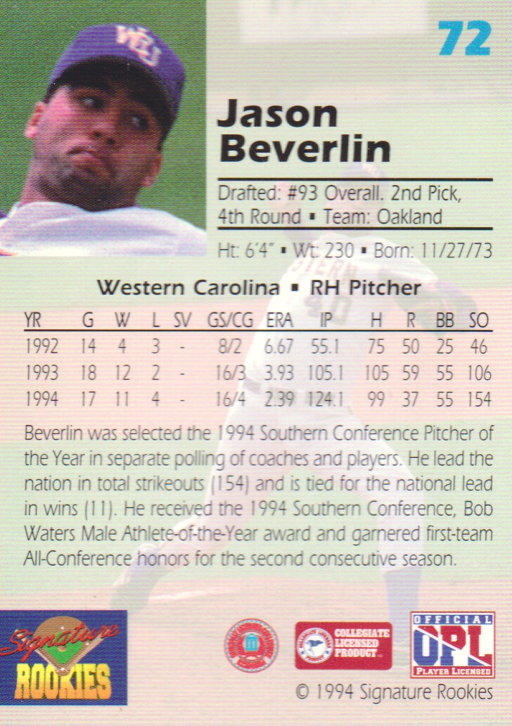 1994 Signature Rookies Draft Picks #72 Jason Beverlin back image