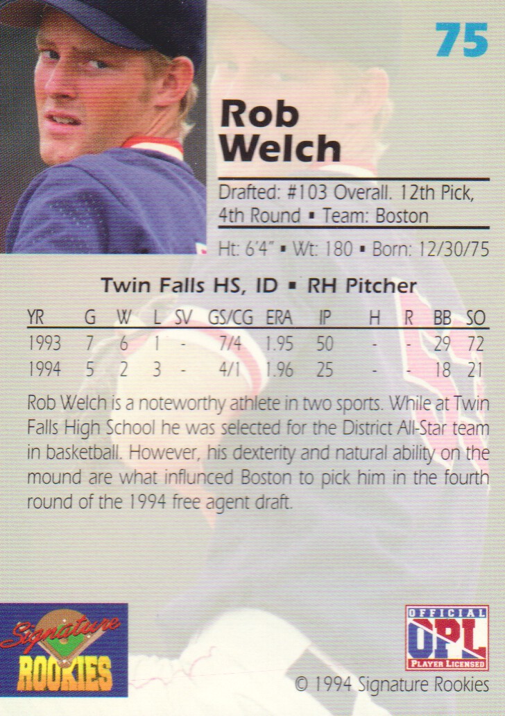 1994 Signature Rookies Draft Picks #75 Rob Welch back image