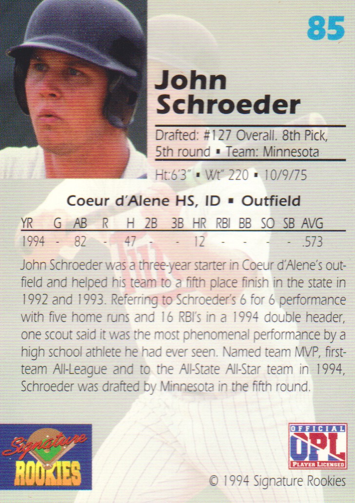 1994 Signature Rookies Draft Picks #85 John Schroeder back image
