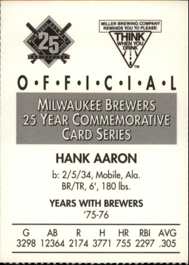 1994 Brewers Miller Brewing #1 Hank Aaron back image