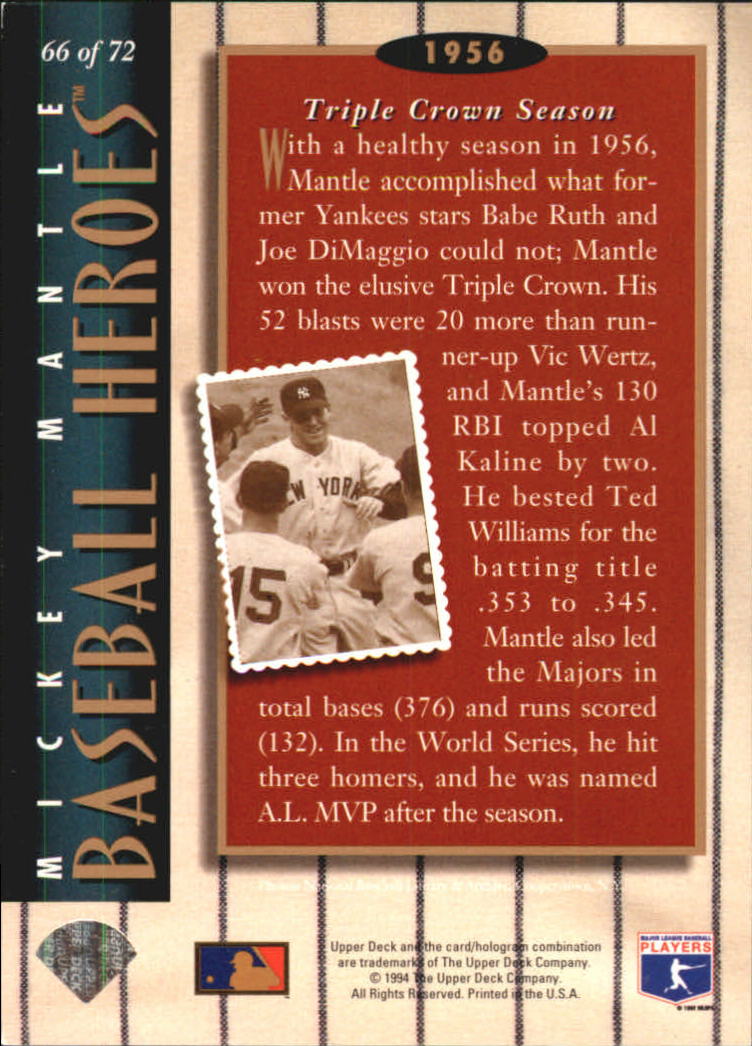 1994 Upper Deck Mantle Heroes #66 Mickey Mantle/1956 Triple Crown/Season back image