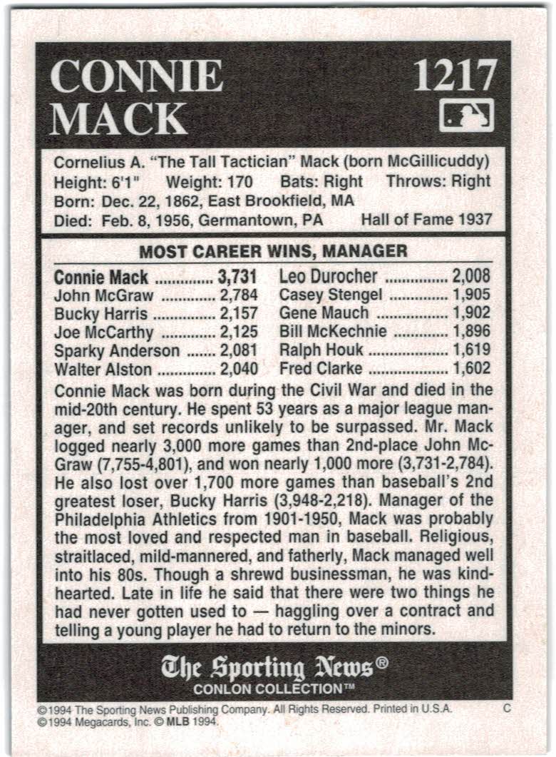 1994 Conlon TSN #1217 Connie Mack MG back image