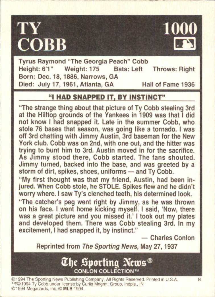 1994 Conlon TSN Burgundy #1000 Ty Cobb back image