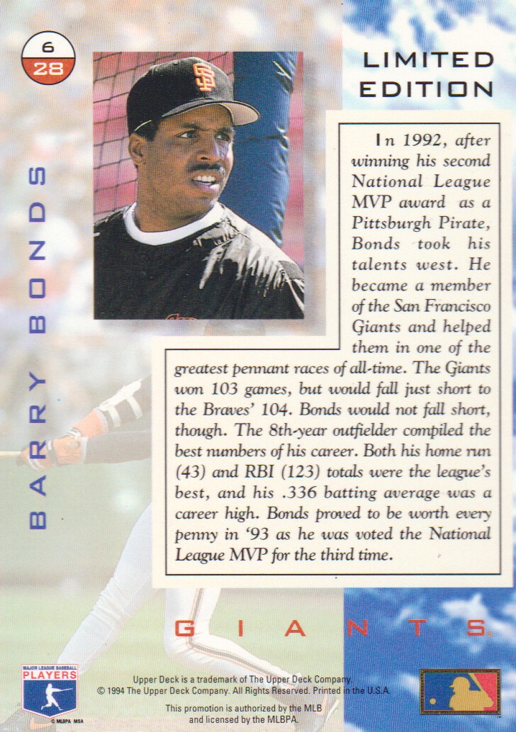 1994 Denny's Holograms #6 Barry Bonds - NM-MT 1994 Denny's Holograms #6 Barry Bonds - NM-MT