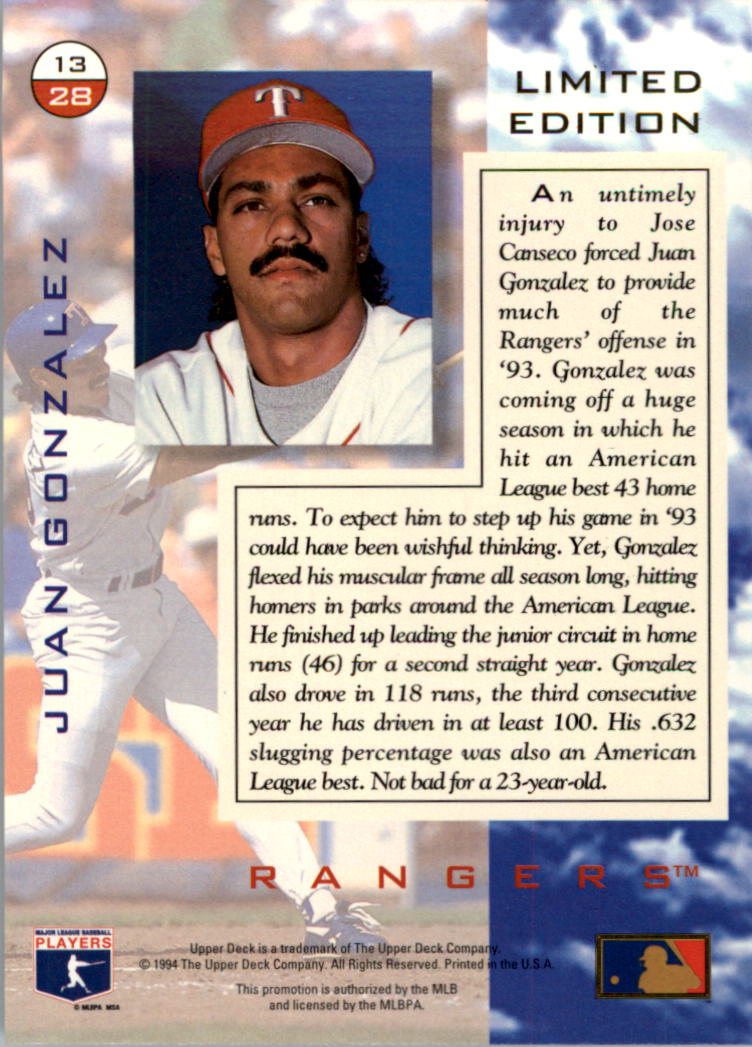 1994 Denny's Holograms #13 Juan Gonzalez back image