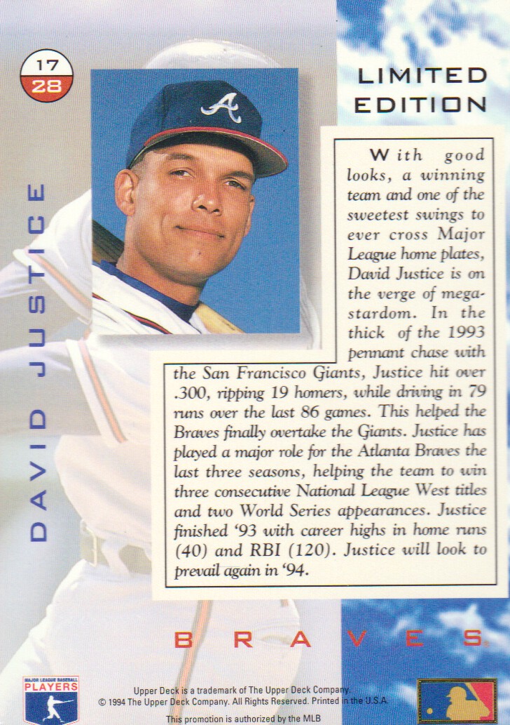 1994 Denny's Holograms #17 David Justice - NM-MT - GamesandCards.com ...