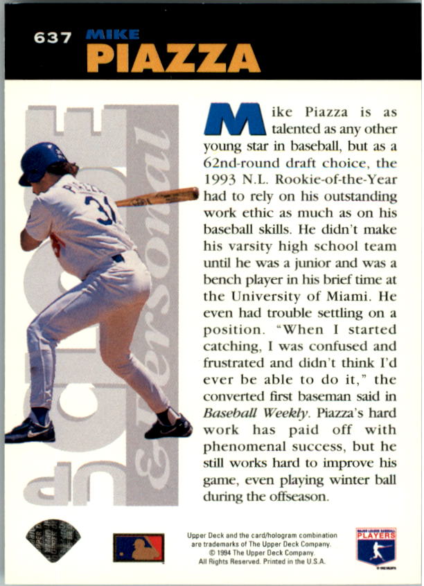 1994 Collector's Choice #637 Mike Piazza UP back image