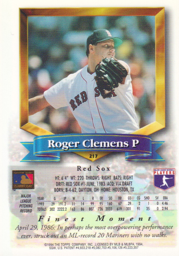 1994 Finest #217 Roger Clemens FIN back image