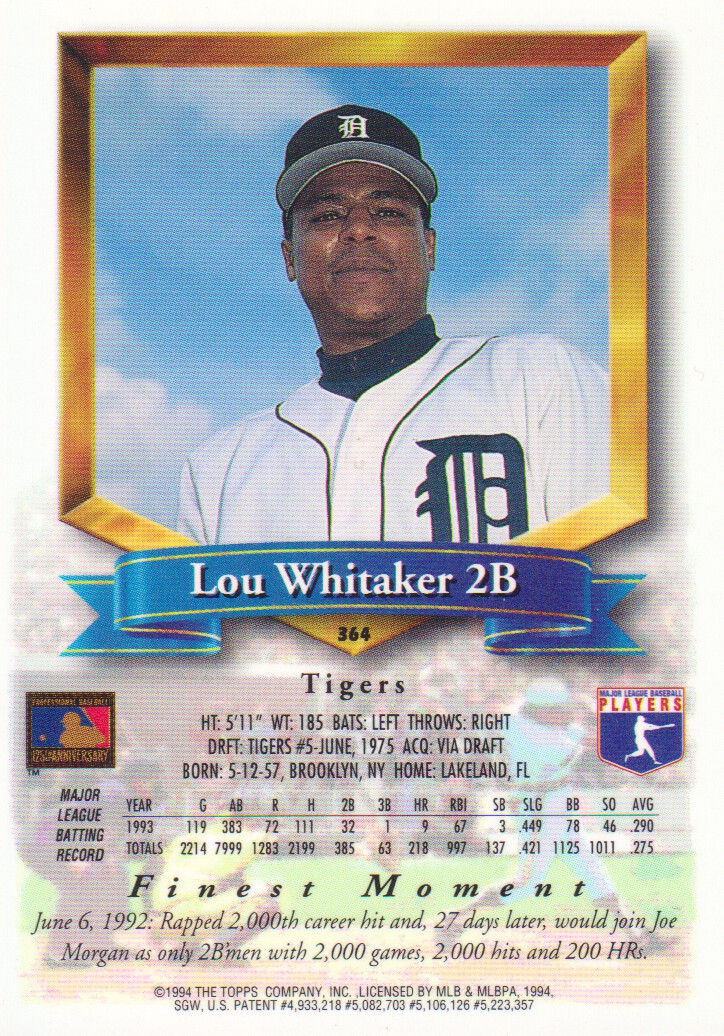 1994 Finest #364 Lou Whitaker back image