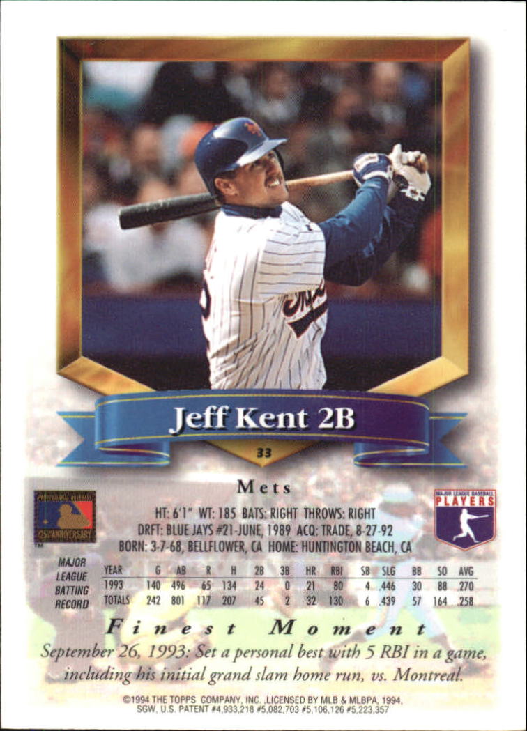 1994 Finest Refractors #33 Jeff Kent back image