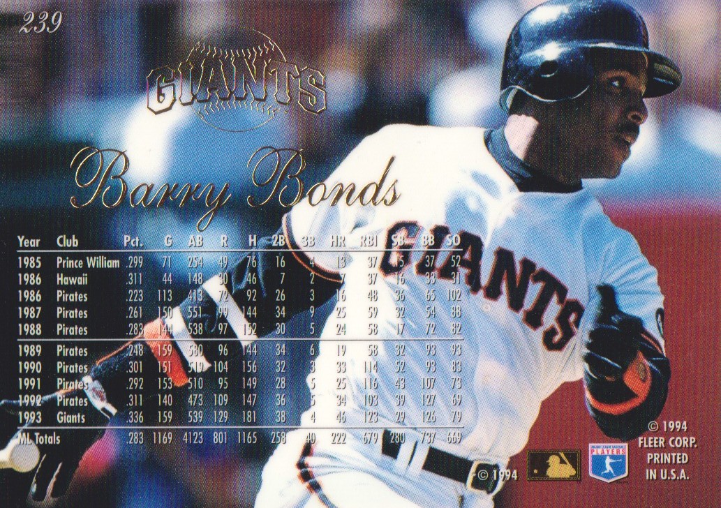 1994 Flair #239 Barry Bonds back image