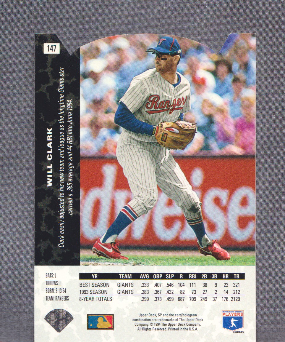 1994 SP Die Cuts #147 Will Clark back image